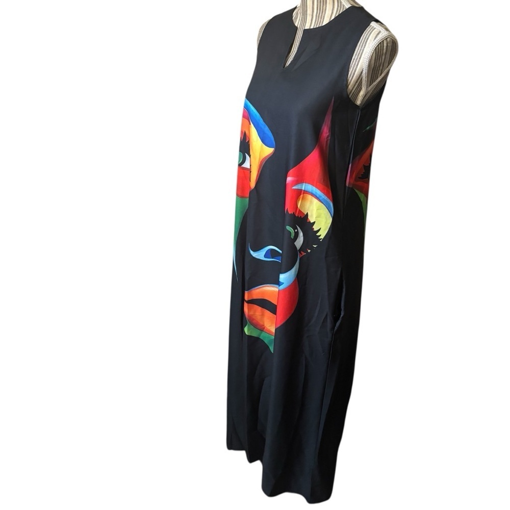 Festival Dress Small Black Multicolor Face Print Art Deco Sleeveless Maxi Colors - Picture 10 of 15